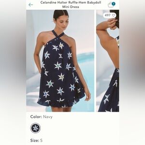 Anthropologie NWT Navy Halter Ruffle-Hem Babydoll Mini Dress White Floral Print